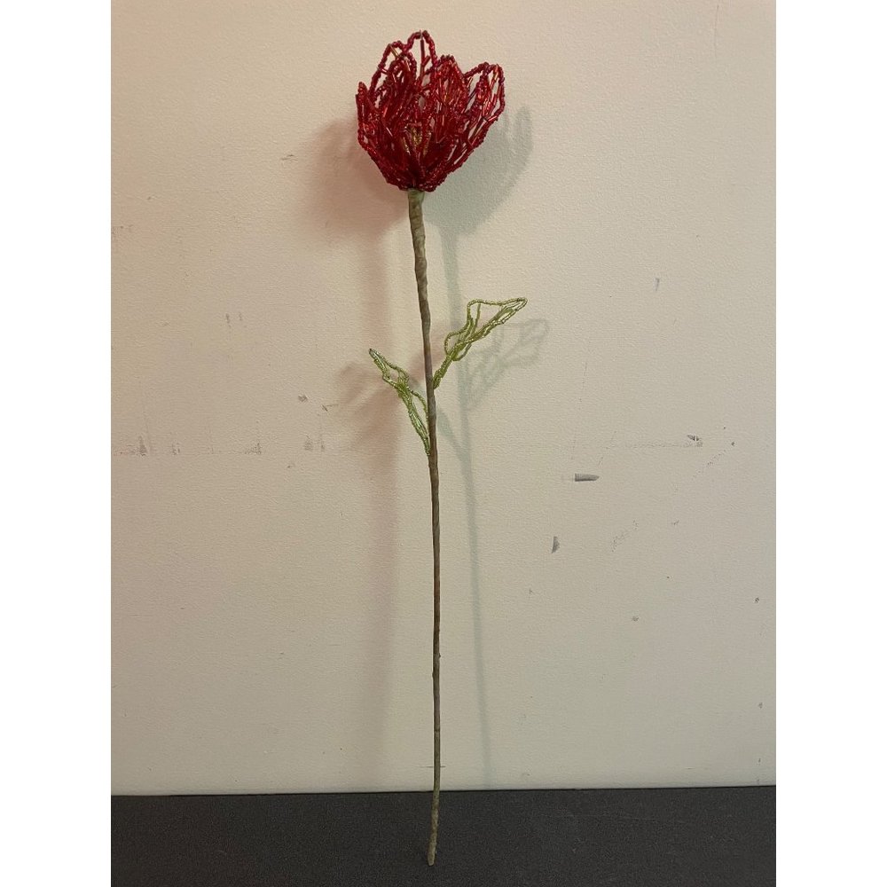 Vintage Red Beaded Wire Flexible Tulips With Green Leaves and Stems 22" H, NWT